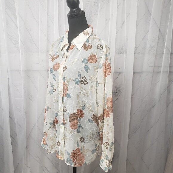 Alfred Dunner Blouse Cream Coral Floral Cottage Core Sheer Ethereal 14 - Picture 9 of 14